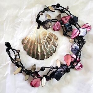 Carved shell, seed bead multi-strand necklace